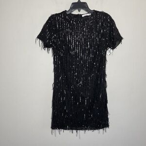 LUSH Cocktail Dress Womens Small Black Sequin Fringe NEW Short Sleeve Mini